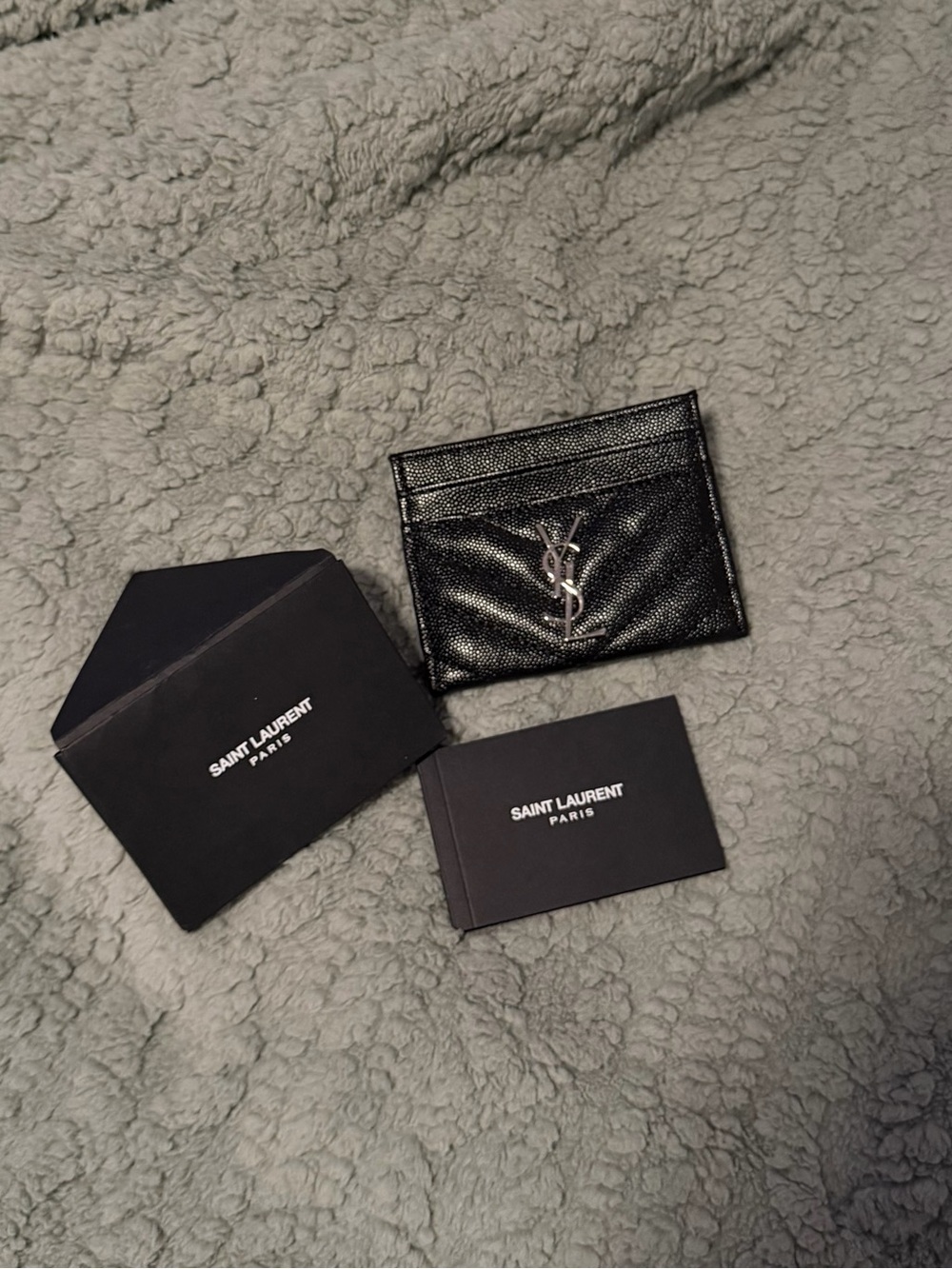 Saint Laurent Black Textured Leather YSL Card Case with Silver Logo